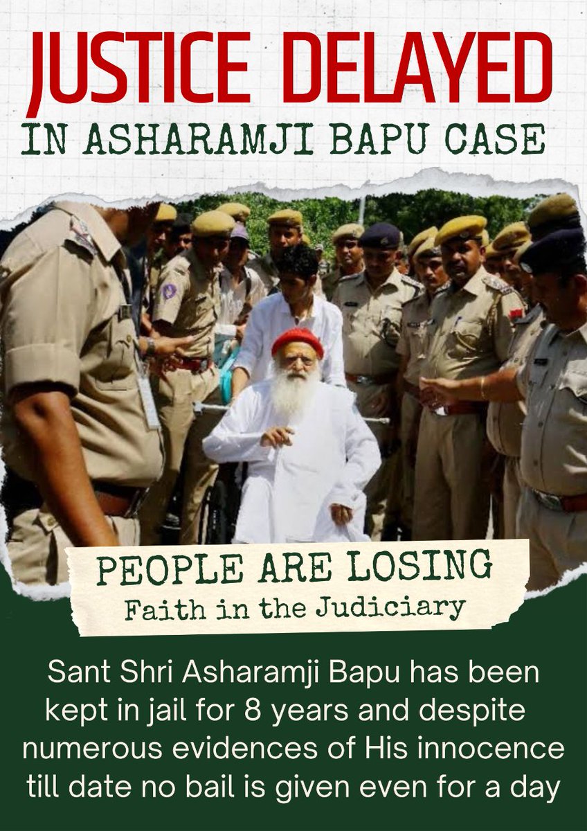 <a href="/YuwaSewaSangh/">Yuwa Sewa Sangh Ashram Official</a> <a href="/asharamjibapu_/">Sant Shri Asharamji Bapu</a> Justice Delayed Justice Denied हमारे देश में मानो  प्रचलन हो गया है एकतरफ Innocents Suffer करते हैं और  वे #सालों_से_निर्दोष_जेल_में रहते हैं और दोषी को तुरंत बेल मिलता है ।ऐसी ही महान संत Sant Shri Asharamji Bapu को निर्दोष होते हुए भी एक दिन की भी बेल नहीं,ये अन्याय कब तक होगी?