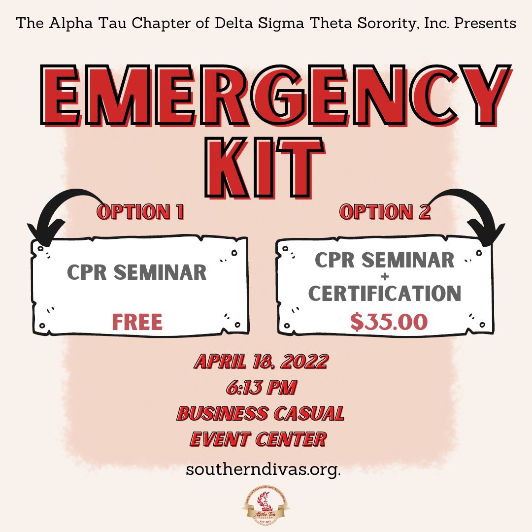 __SouthernDivas's tweet photo. Are you interested in learning more about CPR?⛑ Join the Ladies of the Alpha Tau Chapter of Delta Sigma Theta Sorority, Inc. for a seminar on how to properly perform CPR &amp; a $35 certification class. Business Casual attire please be mindful that you will be actively participating https://t.co/CJZx5oDxab