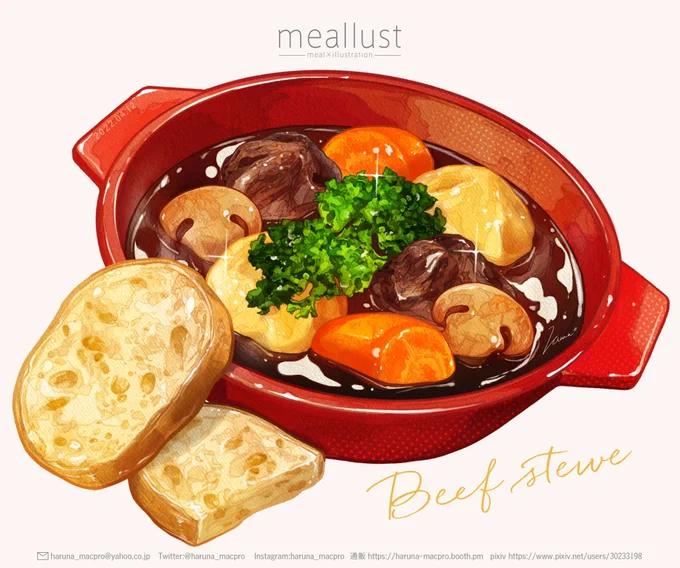 Beef stew🥖🥕🥩🍄🥔
#食べ物イラスト 