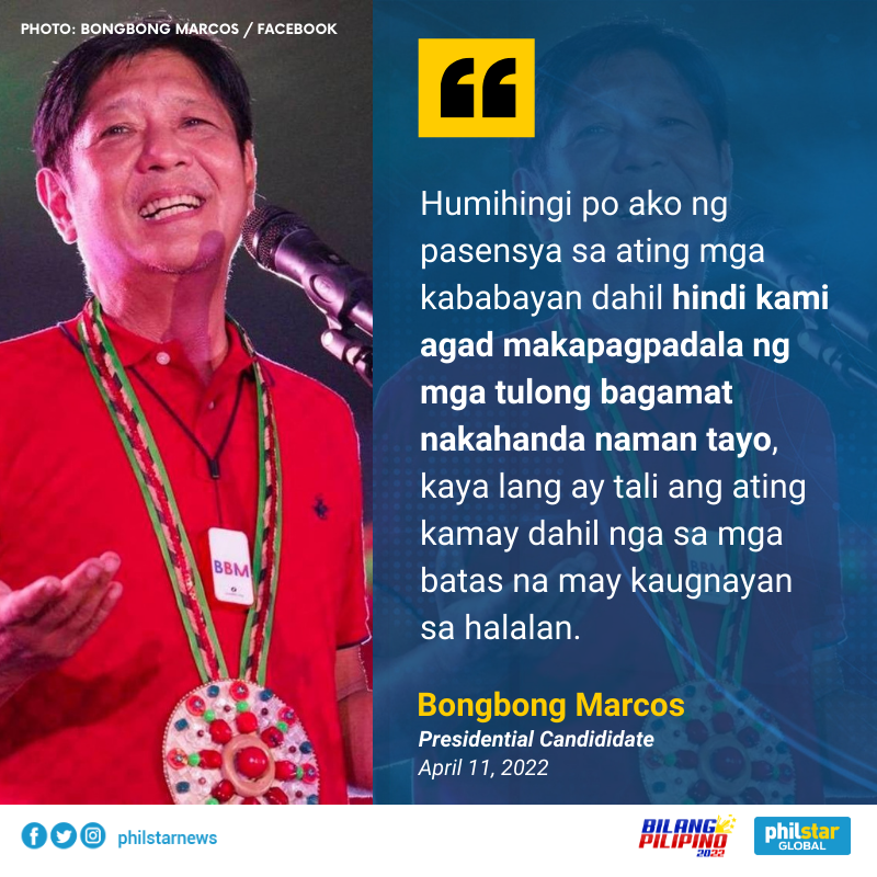 PhilstarNews's tweet photo. Presidential candidate and Former Senator Bongbong Marcos issued a statement on Monday explaining why his camp was unable to send immediate help to storm-battered areas in the Visayas despite being "prepared." #BilangPilipino2022 https://t.co/g5JTyKEXrM