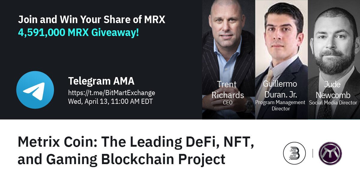 MetrixCoin's tweet photo. Join the @MetrixCoin core team @ 11AM EDT Apr 13 for the BitMart $MRX AMA! 

Win your share of 4,591,000 #Metrix! Check out the BitMart tweet for details: https://t.co/ipxCBiBUbm

We can't wait to share the details of our amazing project with their great community. #crypto #defi https://t.co/BUoNoN0ZEd