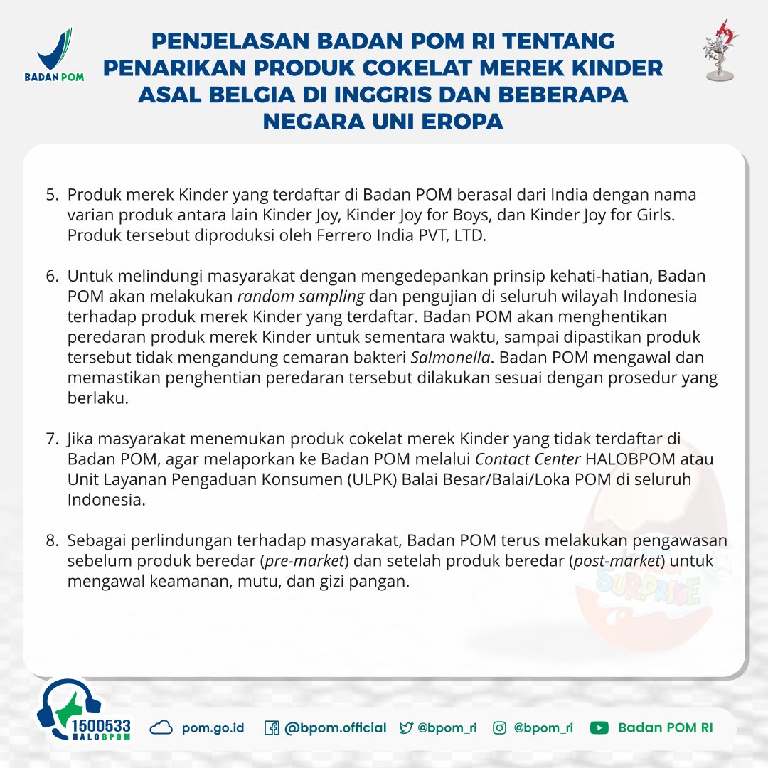 BPOM_RI's tweet photo. #SahabatBPOM, berikut Penjelasan Badan POM mengenai Penarikan Produk Cokelat Merek Kinder Asal Belgia di Inggris dan Beberapa Negara Uni Eropa. https://t.co/zQeGEoHS2C