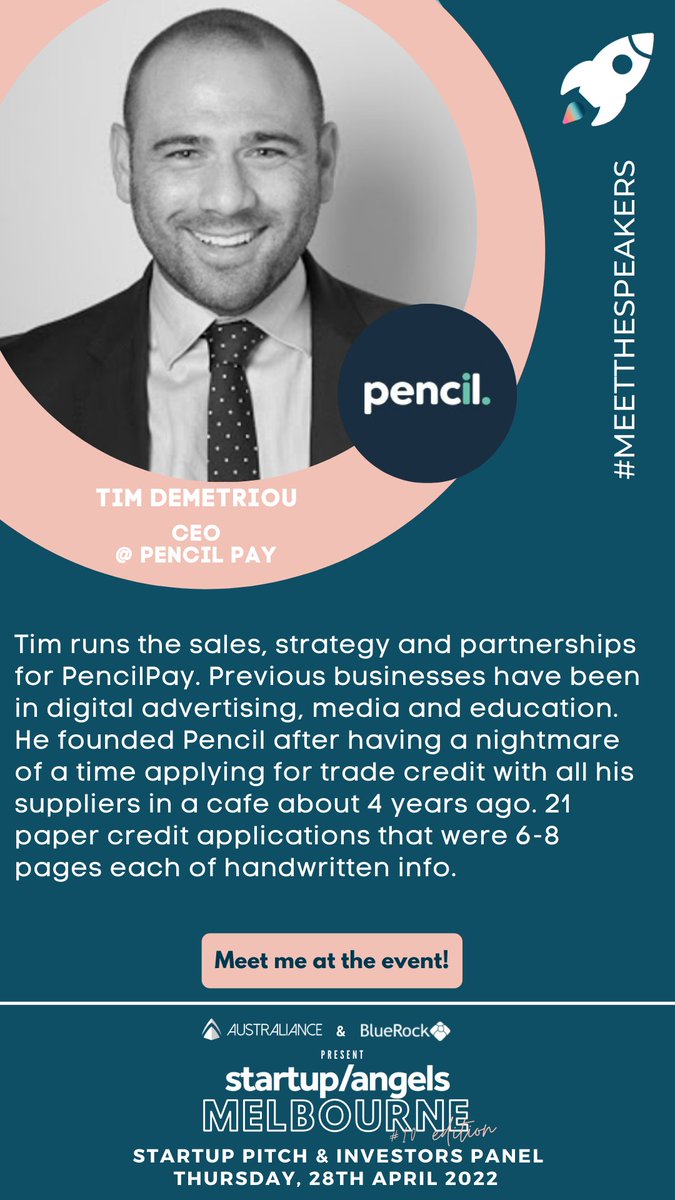 #Meetthespeakers 
Meet Tim Demetriou from Pencil Pay
We would love for you all to meet and get to know the speakers at our S/A #Pitch &amp; Investors #panel event in Melbourne
🚀 Booked your spot yet? Book your tickets NOW >> events.humanitix.com/startup-and-an…