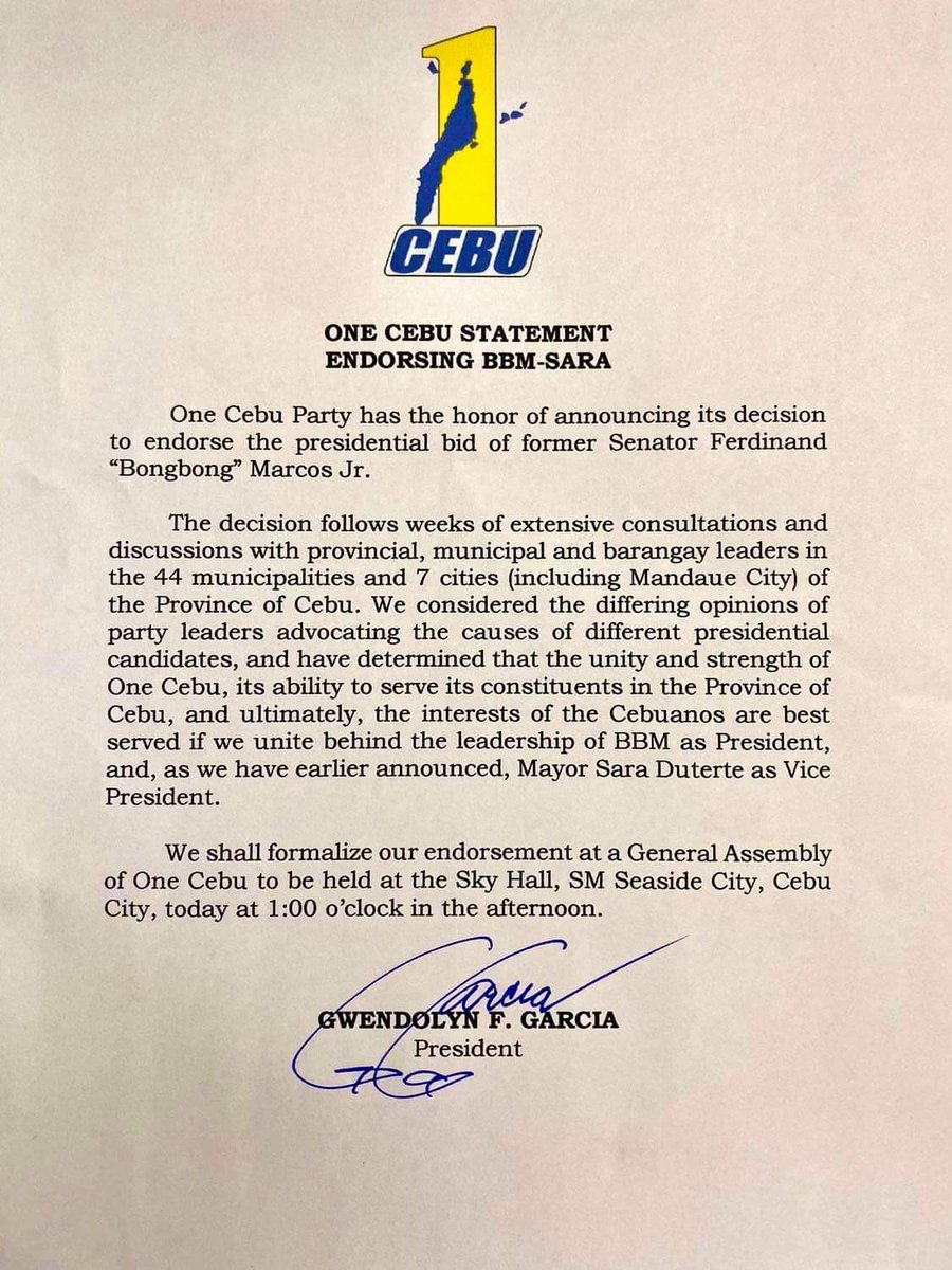 lorraineecarma's tweet photo. JUST IN. One Cebu announces its official endorsement of the presidential bid of former senator and dictator’s son, Ferdinand Marcos Jr.

@rapplerdotcom https://t.co/1pNEHobXjJ