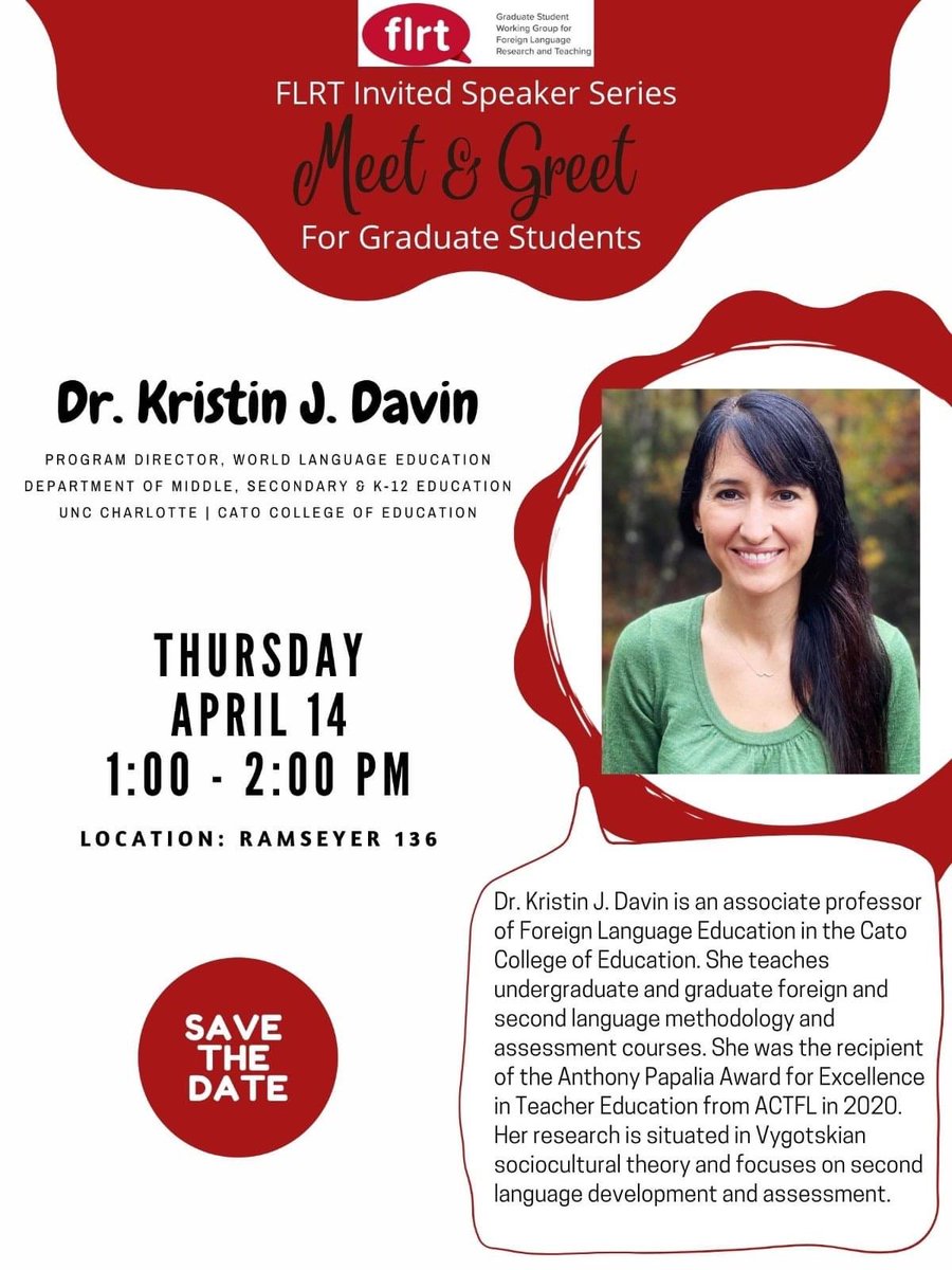 osuflrt's tweet photo. We are very excited to host Dr. Kristin Davin (@KJDavin) from UNC-Charlotte for our second  meet &amp; greet session. The event is open to any @osuflrt members and graduate students at OSU. https://t.co/lpUW7qsfRk