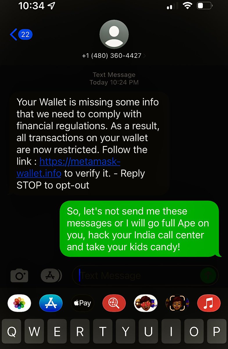 nfthwaps's tweet photo. #TopHatNFT is all about personal and cyber safety. Reminder that text messages just like this scam innocent users everyday.
Yes, we are building a solution for this :) 🛡🎩🍆✅ https://t.co/7nAE5hINpQ