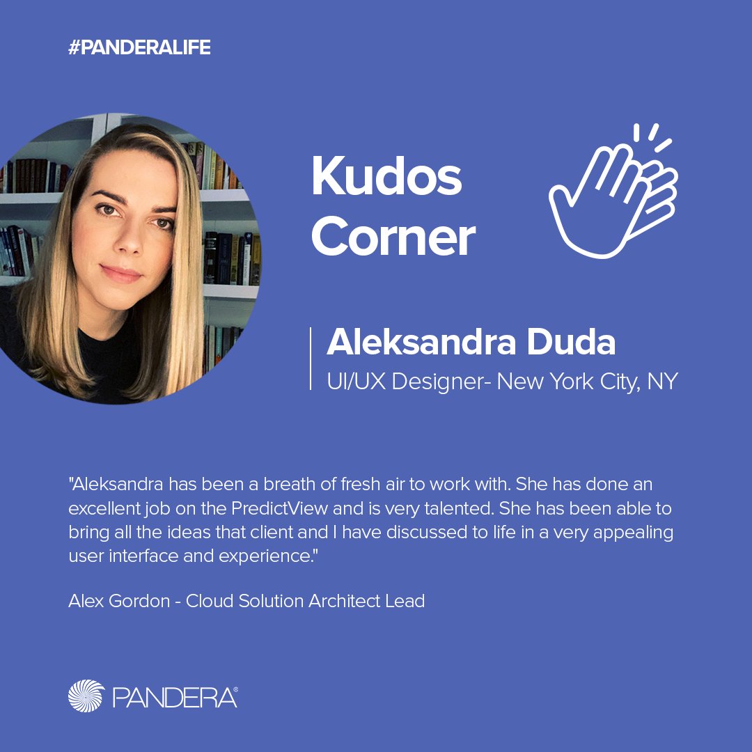 XDMatt1911's tweet photo. Cloud Solution Architect Lead at Pandera, Alex Gordon, is giving out some much-deserved Kudos to one of our UI/UX Designers, Aleksandra Duda! 

Nice job, Aleksandra! 

We are Hiring! https://t.co/lmYXhbVZp7 

#kudos #kudoscorner #Panderalife https://t.co/aQwXJYcVfI