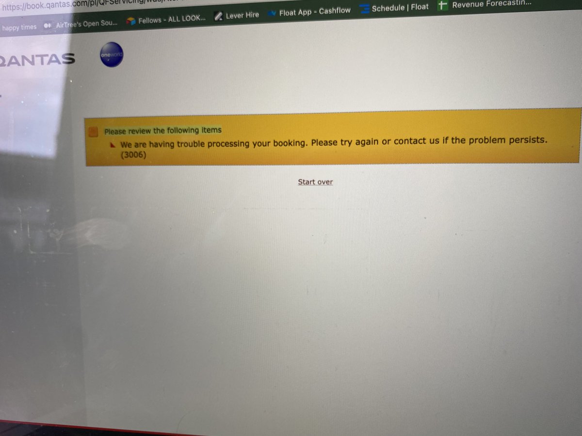 VSwanberg's tweet photo. @Qantas fix your online change booking system (have tried 5x)!! Keep getting the same error (see pic) to make changes and calling days 2+ hours wait! If you don’t want people to call, make your online function properly. Need help make a booking change asap. https://t.co/9Jq7BLCLtk