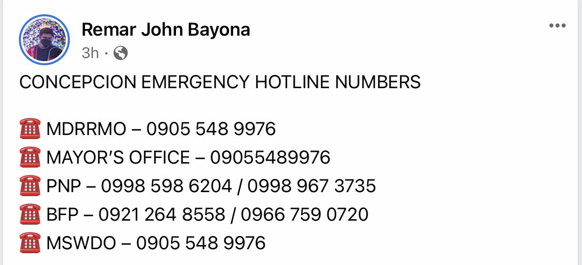 alluringbaex's tweet photo. Pkease retweet this as well. These are the EMERGENCY HOTLINES FOR CONCEPCION AND BALASAN ILOILO ‼️

#LeyteNeedsHelp 
#BaybayCityNeedsHelp 
#AbuyogNeedsHelp
#CapizNeedsHelp
#AgatonPH https://t.co/6TP1tbdGHK