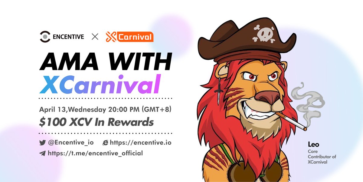 SaaSGoOfficial's tweet photo. 🥳Join #ENCENTIVE AMA with X Carnival

⏰Time: Wednesday, April 13th at 8:00 PM (GMT+8).📌 

Rules:
⭐  RT + Like + Tag 3ppl 
⭐ Follow us on Twitter: @XCarnival_Lab &amp; @Encentive_io 

🤑 Prizes: 10x 10 #USDT worth of $XCV for best live questions

🏢Venue: https://t.co/94NcWetPXc https://t.co/t5RO2n5asP