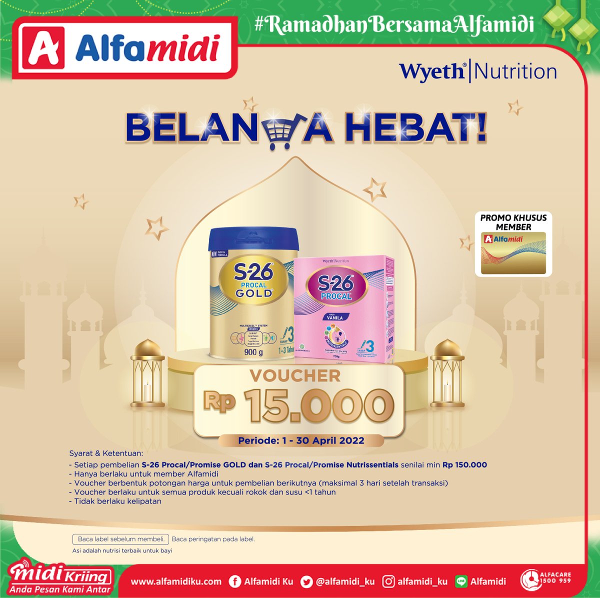 alfamidi_ku's tweet photo. Belanja hebat dengan S-26 di Alfamidi!

Untuk Bunda yang berbelanja susu S-26 Procal / Promise Gold senilai Rp 150.000 dan memiliki kartu member Alfamidi, dapatkan voucher belanja sebesar Rp 15.000!

Jangan sampai ketinggan ya...

#PromoAlfamidi #PromoSusu https://t.co/gWLl5yJZBh