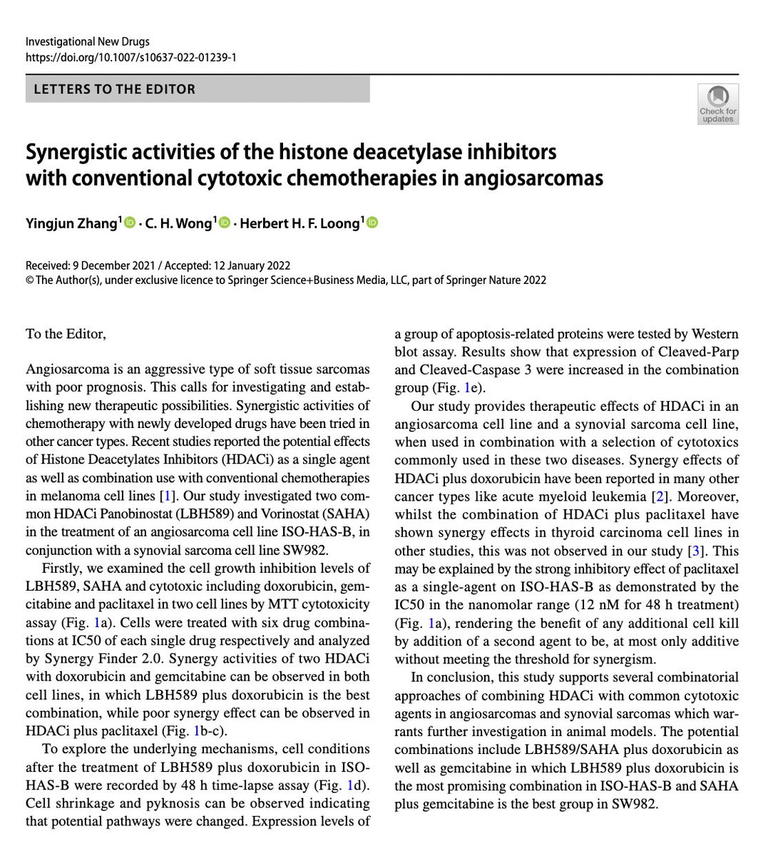 herbloong's tweet photo. Congrats to our #PhD student @JoeyZhangYJ in publishing on #synergism of #HDACinhibitors &amp; #cytotoxics in #sarcomas in #InvestigationalNewDrugs. She is in process of prepping for her #oral #defense in the summer! https://t.co/FSdVbrPUEj @CUHKMedicine #CUHKSarcoma #drugdevelopment https://t.co/ppmGBRQ5c0