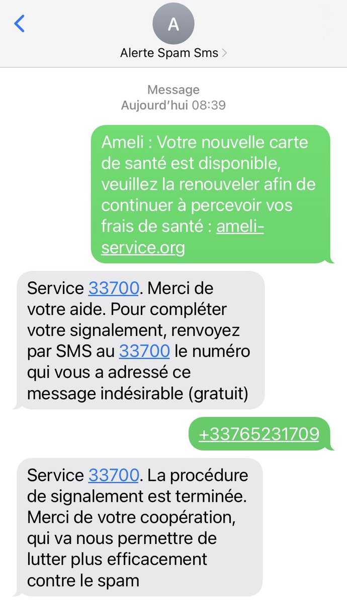 ylang21's tweet photo. @Cpam_21 Ne pas tomber dans le panneau, ce sms que j’ai reçu est un #spam #cartevitale #cpam, signalé à #alertespam https://t.co/cGQHsduuhI