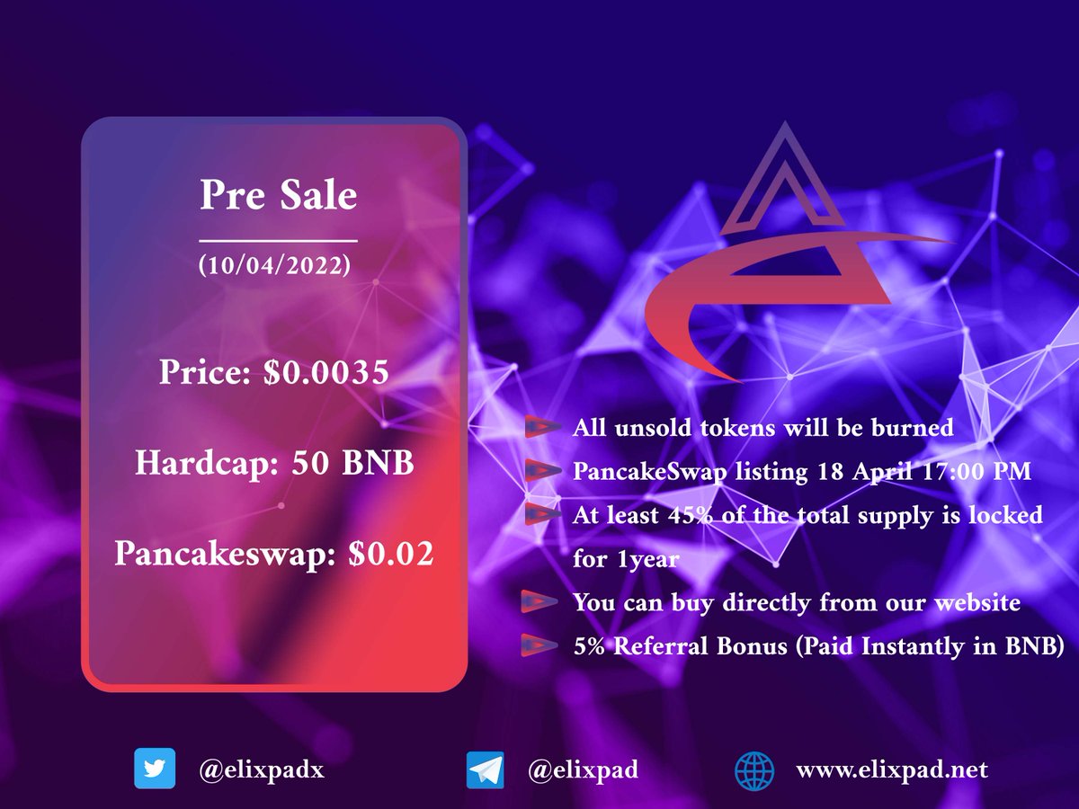 ElixPadX's tweet photo. #PreSale already started
Price: $0.0035 (limited supply) 
Remain only 1d before the end

#Pancakeswap listing this week at $0.02

Don't miss the last chance to buy $ELX
https://t.co/bwuZ3EW1ca

#Bitcoin #Binance #Metaverse #NFT $BTC $BNB https://t.co/SlrFQuJTsN