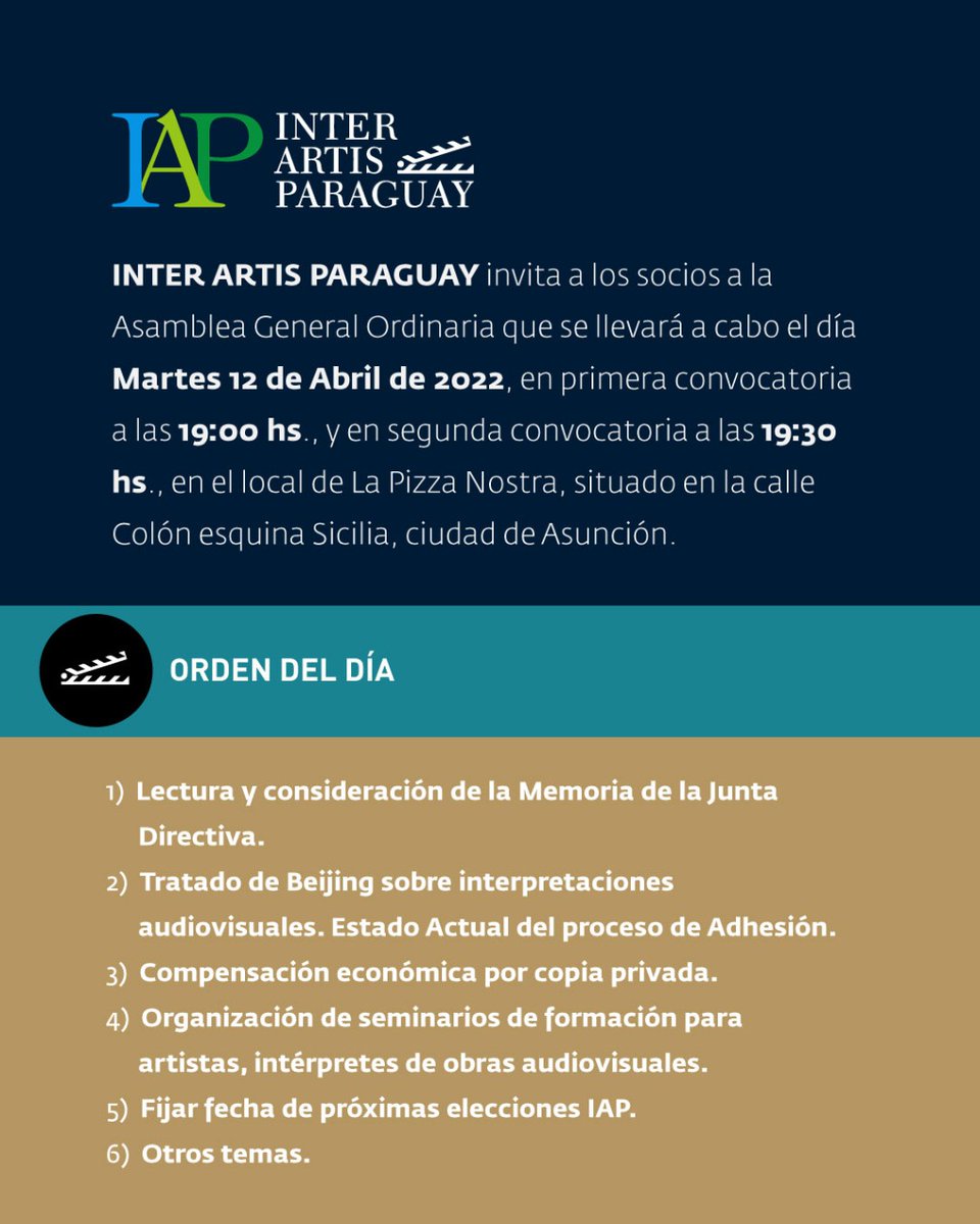 Asamblea General Ordinaria de InterArtis Paraguay 🇵🇾 hoy martes 19 hs.
