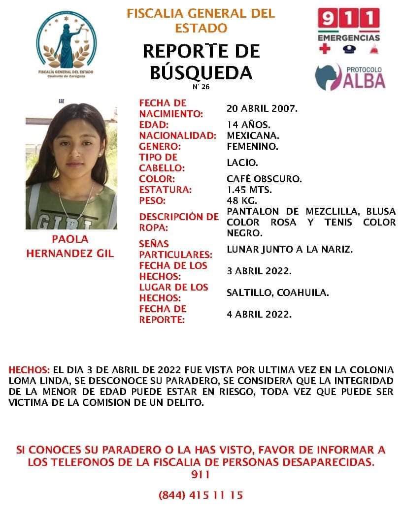 nSaltillo's tweet photo. Se solicita de su colaboración para localizar a PAOLA HERNÁNDEZ GIL de 14 años de edad quien fue vista por última vez el día 3 de abril del 2022 en la colonia Loma Linda 

AYUDA CON UN RT

#Saltillo #RamosArizpe #Arteaga #Parras #GeneralCepeda #Coahuila https://t.co/wOW6EDb1Ic
