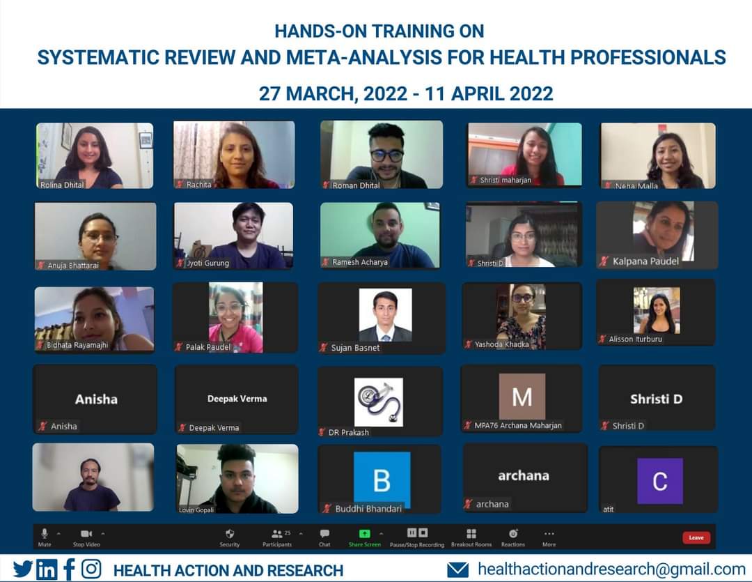 HealthActionan1's tweet photo. Successfully completed yet another 20-hour hands-on training session on Systematic Review and Meta-analysis for a diverse group of health professionals. Our participants in the past have successfully published their work. Best wishes to this group to be able to do so as well. https://t.co/gxreT0ZTU3