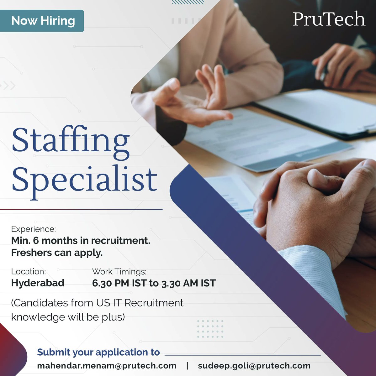 PruTech_India's tweet image. We're growing and looking to hire talented recruitment professionals in Hyderabad.
Apply now at the details given below.
#PruTechSolutions #hiring #itjobs #recruiter #itrecruiter