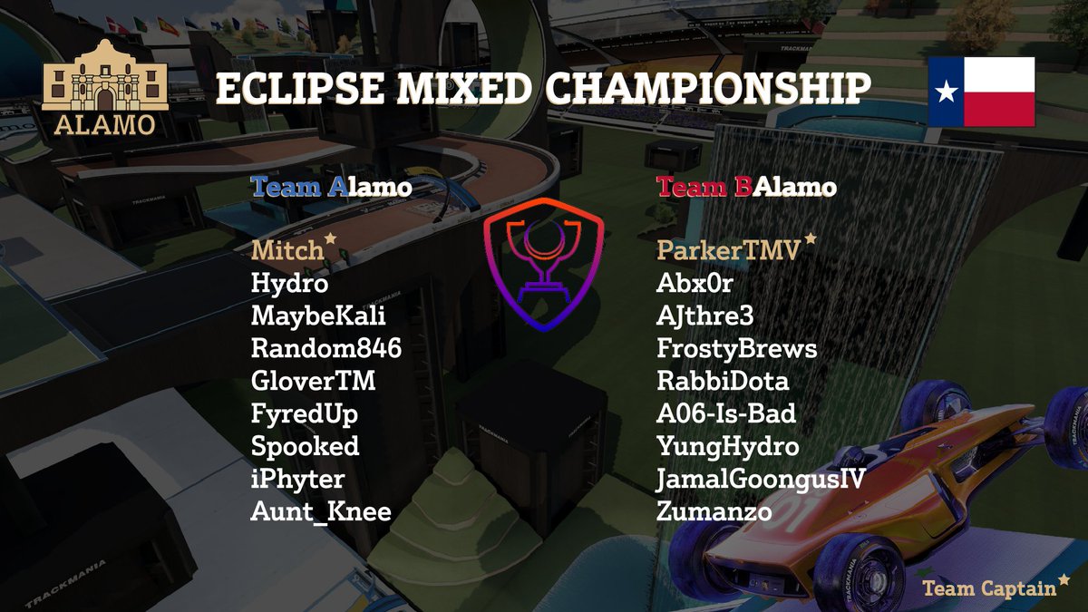 AlamoTrackmania's tweet photo. The Alamo lineup made their way into league 5, with Balamo in league 7. Let's see what they can do this weekend! https://t.co/vVhwgA2QFj
