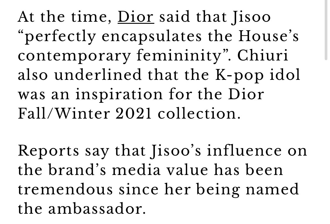 iamlawyerkims's tweet photo. Prestige Malaysia article:
“Dior said #JISOO, perfectly encapsulates the House’s contemporary femininity”

“Jisoo’s influence on the brand’s media value has been tremendous since her being named the ambassador.”

When Dior acknowledge her impact, that’s what matter. ^^

#DIOR https://t.co/JJWRKOyNiQ