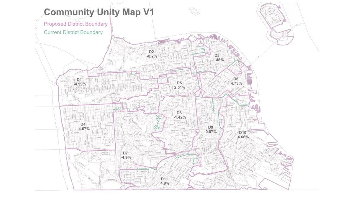 transitcounts's tweet photo. I didn’t get my slide to @RedistrictSF in time, but here’s my #map compared to the others. I added the #community #unity map. My standard deviations win, but #RDTF is unwilling to line draw with #mymap. #sanfrancisco #redistricting #taskforcemap #communityunitymap #friscowillymap https://t.co/tjBamY5rIL