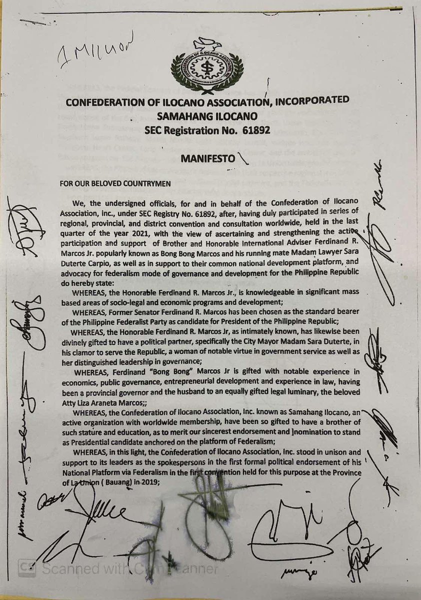 Samahang Ilocano, also known as the Confederation of Ilocano Associations,  Inc., formally endorses the #Halalan2022 bid of Ferdinand “Bongbong”  Marcos, Jr. and Mayor Sara Duterte. | via @InaReformina #Halalan2022, image size:842x1200