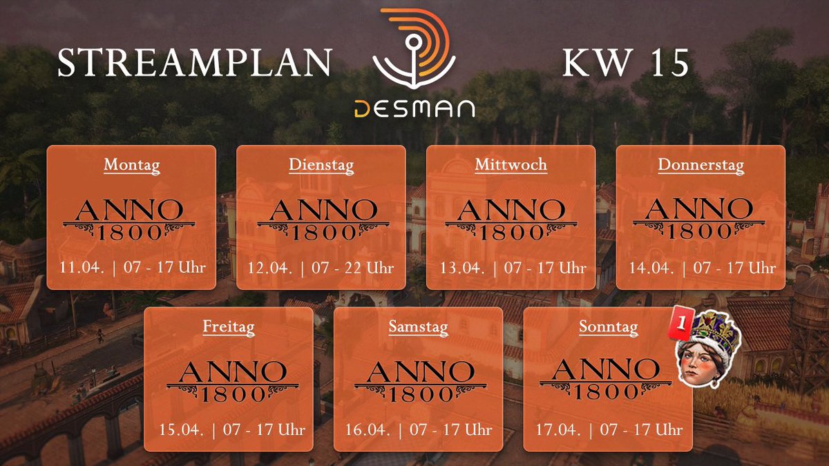 Tag 5 und heute ist Season 4 Pass Release Day 📺

Um 18 Uhr ist das DLC „Keim der Hoffnung“ und das neue Szenario verfügbar!

Außerdem bekommen wir auch eine weiteres <a href="/ANNO_DE/">Anno</a> Game Update (ca. 5GB)! 

Meine restliche Twitch Woche sieht so aus 🥳🌱 ✌🏻

#anno #twitch #Anno1800