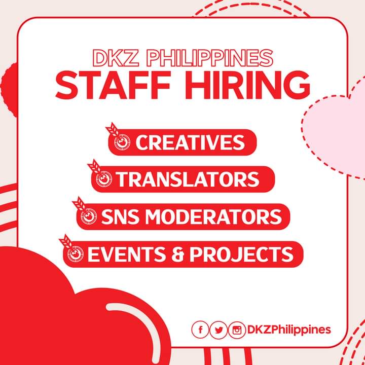 DKZPhilippines's tweet photo. ꒰📢꒱ DKZ Philippines STAFF HIRING: Open! ˚₊· ͟͟͞͞➳❥

DKZ Philippines is now open for staff applications for the following positions:
➳ SNS 
➳ TRANSLATORS
➳ CREATIVES
➳ EVENTS &amp; PROJECTS https://t.co/wWFsh7SiJw
