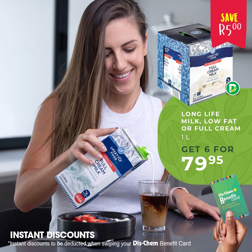 Dischem_LiveFit's tweet photo. Joining us for a cup of positi-TEA? π« Swipe your Benefits Card and SAVE on your 6-pack of long life @LifestyleFoodSA milk π₯π€©
π Only at your fave healthy food store @Dischem π
#livingfit #dischemsale #positivitea https://t.co/pnugCSVzpb