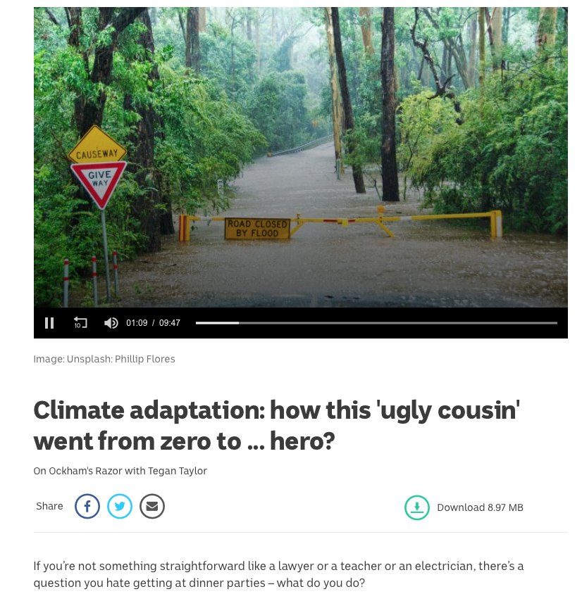 AProfJNalau's tweet photo. How #climateadaptation went from zero to hero: here's my explainer in #OckhamsRazor #podcast on what adaptation is and means, very relevant especially after #fires and #floods of late... https://t.co/Tah46Mi97i @Griffith_Uni @AdaptXChange @WaspClimate #climatechange #scicomm https://t.co/6jC9NpYJJa