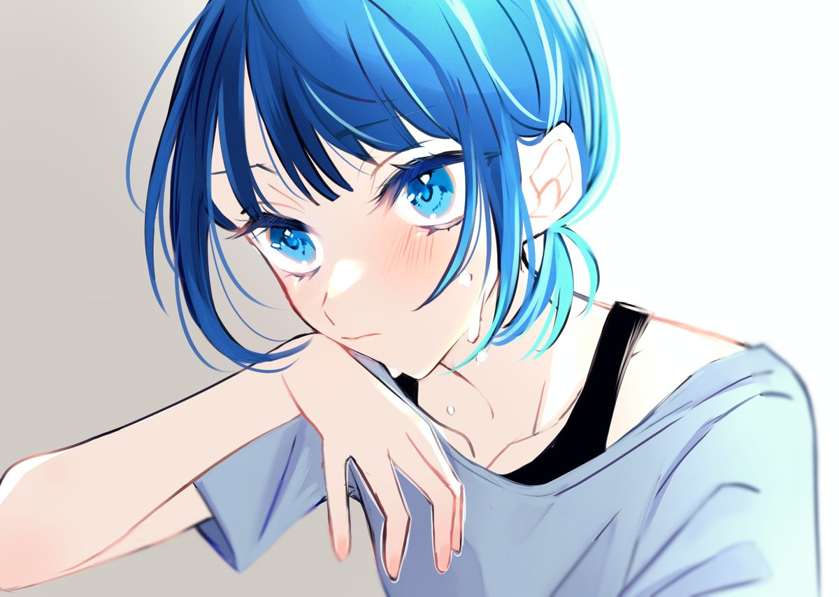 1girl solo blue eyes blue hair shirt sweat blush  illustration images