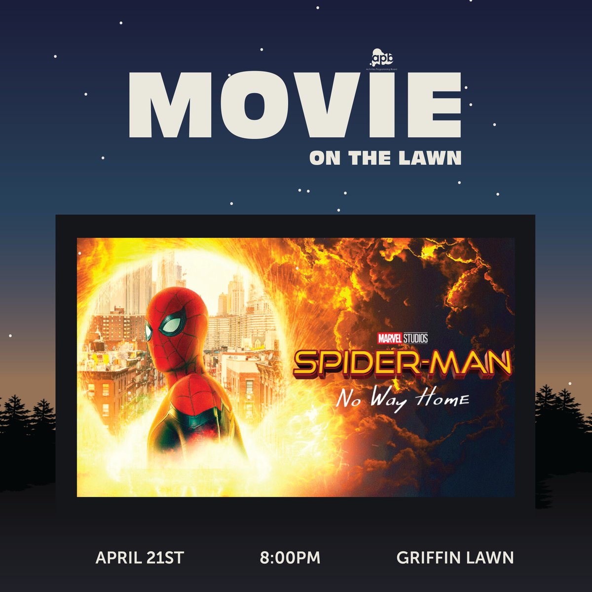 Come on out to the Griffin Lawn Thursday, April 21 at 8pm for a FREE showing of Spider-Man: No Way Home along with free popcorn, snacks, and even PICTURES WITH SPIDER-MAN!