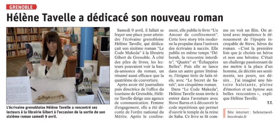 HTavelleAuteur's tweet photo. 👉 Paru dans @ledauphine ce matin.
✒️Rencontre dédicace de mon 6ème roman « Le Code Makeda » samedi 9 avril à la librairie Gibert Grenoble 📚
#lecodemakeda
@GibertOfficiel https://t.co/YYNxvFmDK3