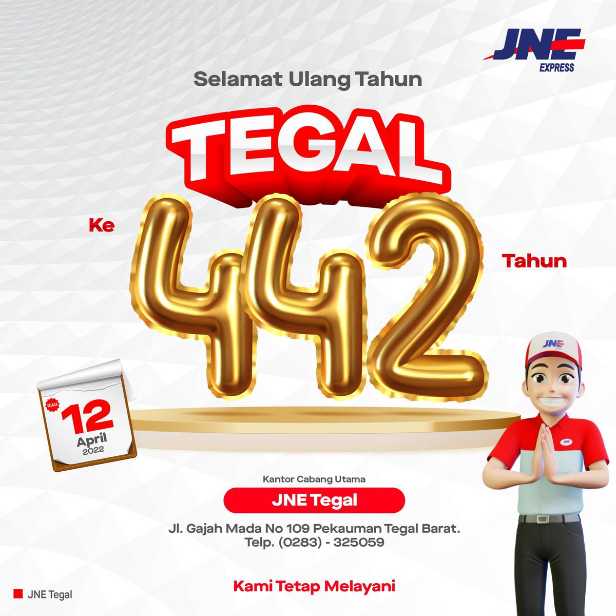 JNE_ID's tweet photo. Selamat #HUTTegal442 🥳
Spesial buat #TemanJNE dalam rangka HUT Kota Tegal, kamu bisa ikutan kuis di Instagram @jne.tegal dan nikmati promo gratis ongkir antar kota #Tegal.
#JNE #ConnectingHappiness #JNE31Tahun #JNEMajuIndonesia #JNEHUTKota #JNETegal https://t.co/nRC53URa4j