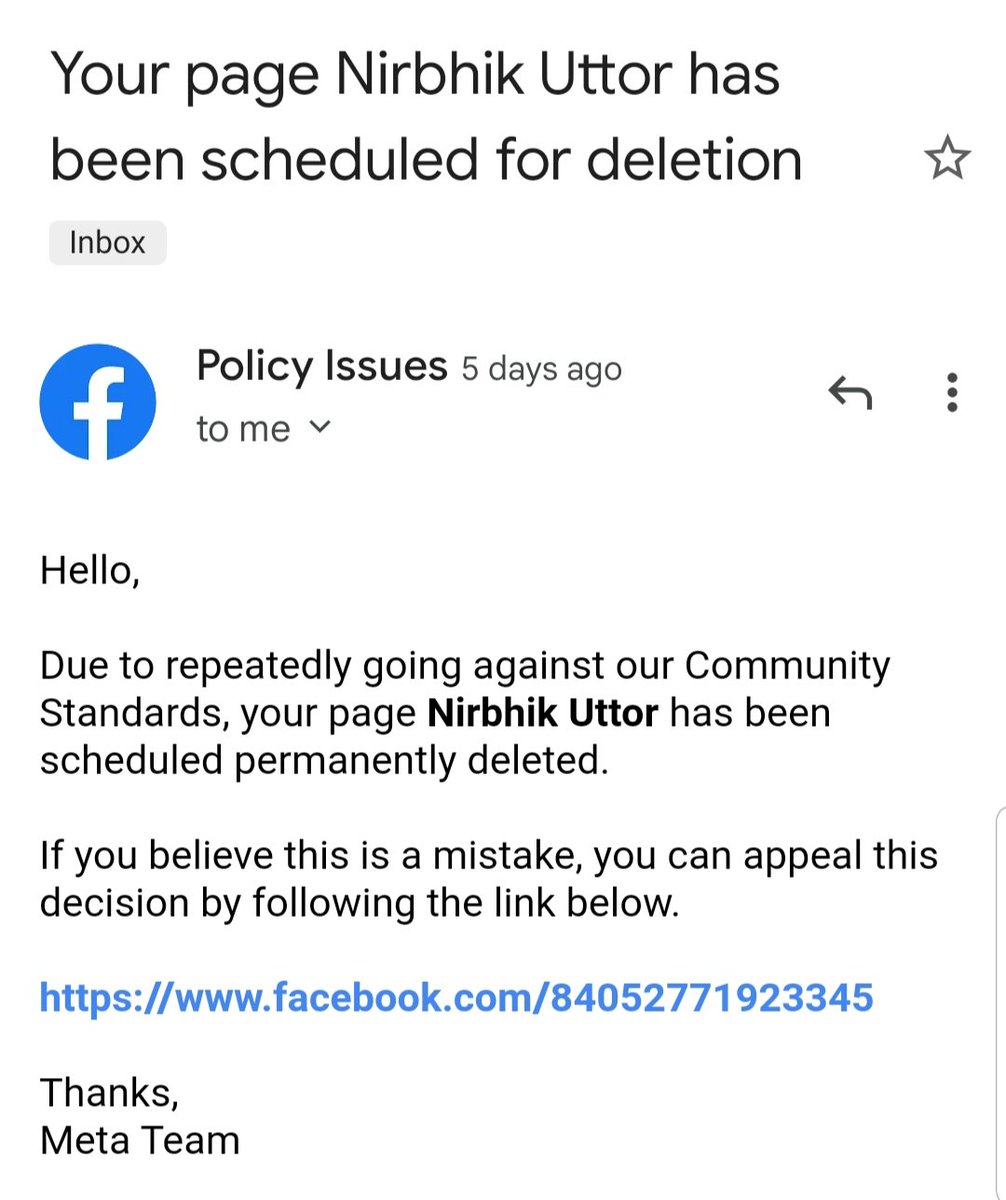 Respected <a href="/MamataOfficial/">Mamata Banerjee</a> Didi,
Respected <a href="/abhishekaitc/">Abhishek Banerjee</a> Da..

As a journalist, I am facing a tremendous unjust action of <a href="/Meta/">Meta</a> ! They've informed me that they're going to delete the fb page of my digital media #NirbhikUttor, permanently.
I've always been ethical!
Please help!