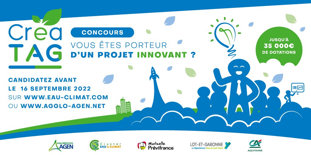 EauClimat's tweet photo. [𝗔𝗖𝗧𝗨𝗔𝗟𝗜𝗧𝗘] Créa’TAG 2022!
🚩 Nous relançons avec @aggloagen notre concours 𝗖𝗿é𝗮’𝗧𝗔𝗚 𝟮𝟬𝟮𝟮. 
Notre ambition : Récompenser et accompagner les entrepreneurs(es) qui inventent le monde de demain ! 
Inscription ➡ https://t.co/oTEkBUMeyS

#CreaTag2022 #concours https://t.co/7X1TZ6TwIP