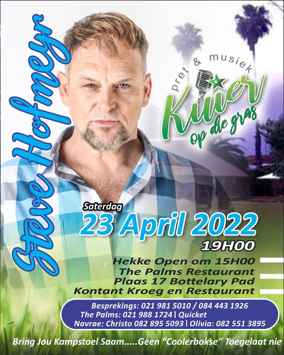 Bespreek jou kaartjies nou vir <a href="/steve_hofmeyr/">Steve Hofmeyr</a> se show op 23 April by The Palms Restaurant. Bespreek by Bakgat Promosies 0219815010, Quicket of The Palms.<a href="/BokRadio/">Bok Radio 98.9fm</a> <a href="/JouStasie/">Jou Stasie</a> <a href="/Die_Burger/">DieBurger</a> <a href="/TygerBurger/">TygerBurger</a> <a href="/KFMza/">kfmza</a> <a href="/zarsg/">RSG 100-104FM</a> <a href="/kykNETtv/">kykNET TV</a>