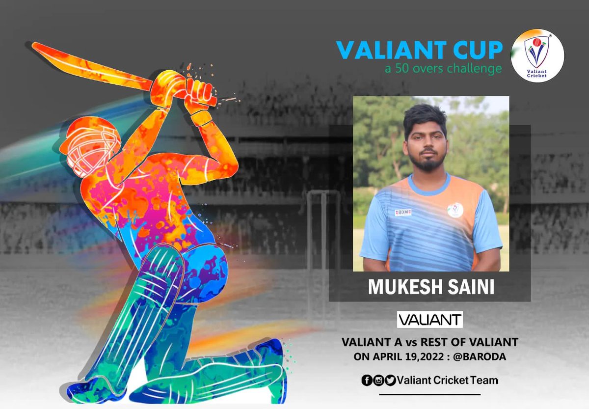 CricketValiant's tweet photo. Valiant Cricketer Mukesh Saini will be part of Valiant Cup - a 50 overs challenge on April 19, 2022 at Baroda!! 

#ValiantForGoodCause #ValiantCricketTeam #RestOfValiant #ValiantA #ValiantCup #Baroda #Gujarat #Cricket #MukeshSaini https://t.co/cEXwX5Fy98