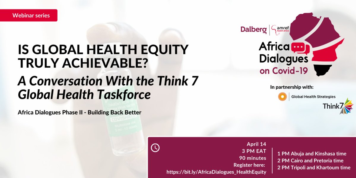 Amref_Worldwide's tweet photo. 2 days to go! Are you ready for the #AfricaDialogues webinar on 14th April? 

Join us as we engage health experts to unpack matters, global health equity. 

Don't miss out! 

Register now to attend: https://t.co/f1xGQbmqns @GHS @DalbergTweet @edwin_macharia @daktari1 @DestaLakew https://t.co/qQFh2lml0U