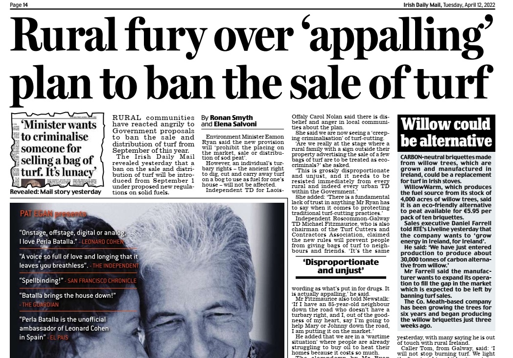 caulmick's tweet image. RURAL communities have reacted angrily to Government proposals to ban the sale and distribution of turf from September this year.

Eamon Ryan said ban was required as 'each year some 1,300 people die prematurely in Ireland due to air pollution from solid fuel burning'

#TurfWars