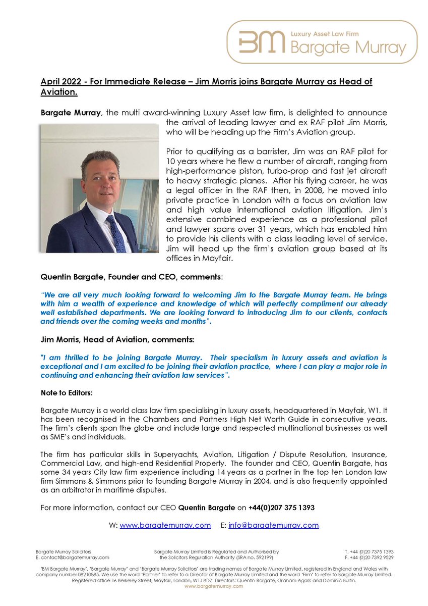 <a href="/QBBargateMurray/">Quentin Bargate</a> and the team at <a href="/BargateMurray/">Bargate Murray</a> are delighted to welcome Jim Morris, ex-RAF pilot and leading lawyer, as Head of Aviation. Read more by clicking here bit.ly/38LDCHN
#luxuryassets #aviationlaw #litigation