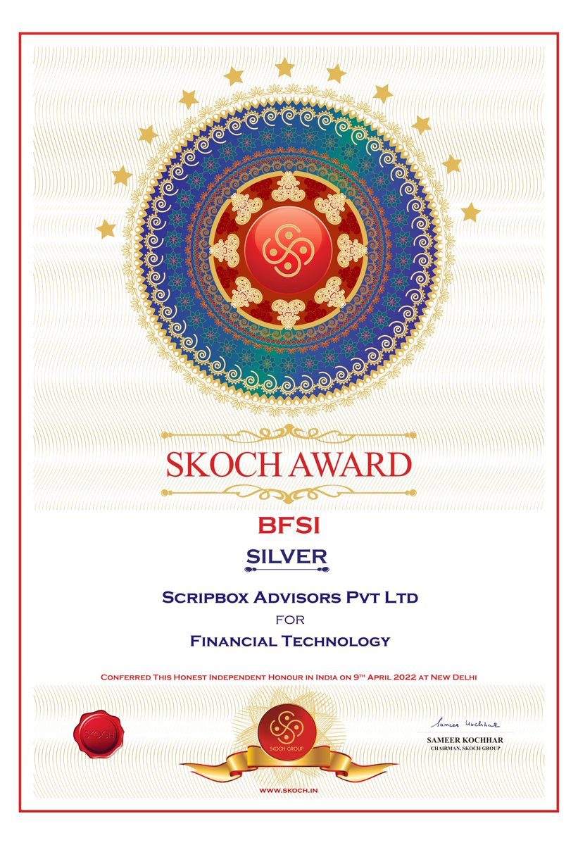 scripbox's tweet photo. The beginning of the financial year has already ushered in some good news! Kickstarting it with this recognition from #SKOCH in the #fintech category. One more in the bag and many more to go.🏆 #Cheers #Awards https://t.co/Ahg4E8llai