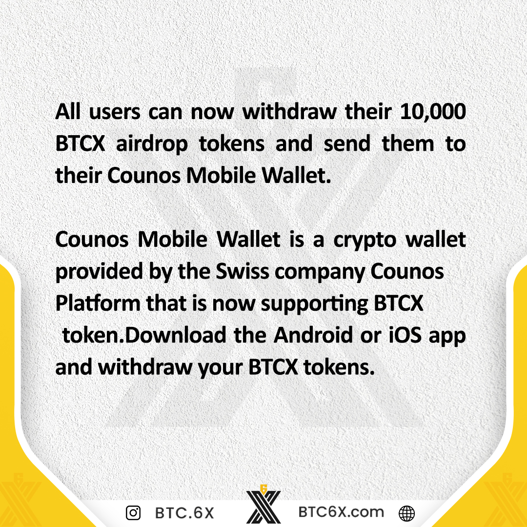 PurcowExchange's tweet photo. WITHDRAW YOUR BTCX
#AIRDROP #TOKENS.
All users can now withdraw their 10,000
BTCX airdrop tokens and send them to
their Counos Mobile Wallet. https://t.co/UaOxVbDe2h
