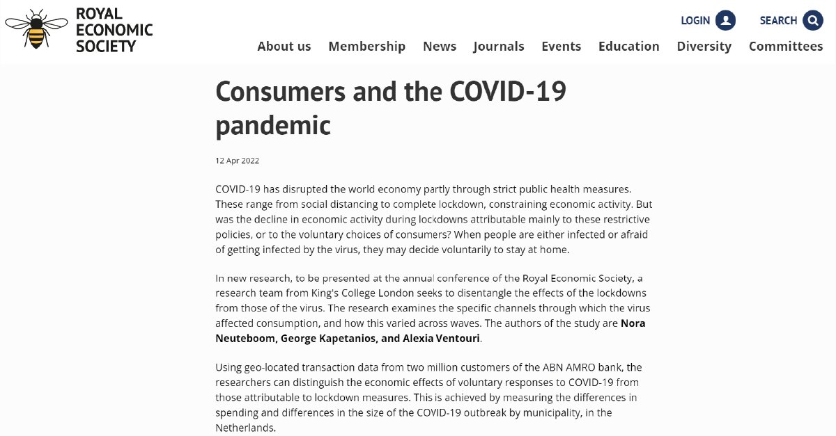 Look at some of the media briefings available from the #RES2022 Annual Conference. This one talks about consumers and the #COVID19 pandemic by <a href="/naneuteboom/">Nora Neuteboom</a>, George Kapetanios &amp; <a href="/AlexiaVentouri/">Alexia Ventouri</a> at today's session.
Read more👉bit.ly/37I1D1J

#EconTwitter #AcademicTwitter