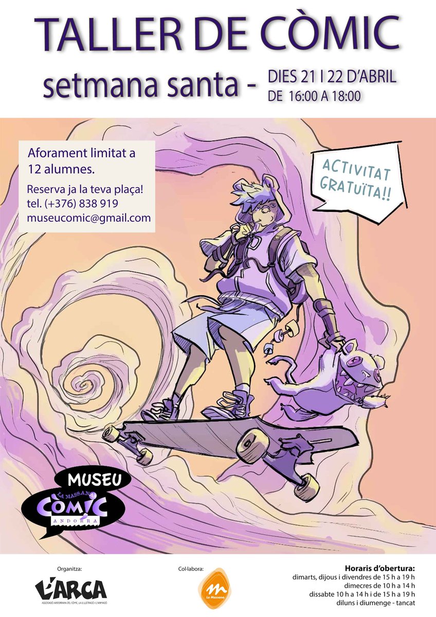 lamassanacomic's tweet photo. Els dies 21 i 22 d’abril de 16:00 a 18:00 s’organitzarà un taller gratuït de dibuix d’iniciació relacionat amb el còmic.

L’aforament pel taller estarà limitat a 12 alumnes. Feu la vostra reserva trucant al (+376) 838 919 o per mail a museucomic@gmail.com. https://t.co/ga0hmELkrk