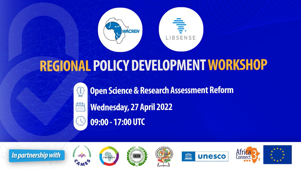 WACREN's tweet photo. Join us at the @LIBSENSE Policy OS Development Workshop at #WACREN2022 🇨🇮where we’ll discuss how to build #researchassessment reform into a regional policy. Be part of shaping the future of #openscience in #Africa @UNESCO @LeCames #crufaoci @CVCNU #AWAU @AC3_News @EU_Partnerships https://t.co/TD2cZbt6Pg