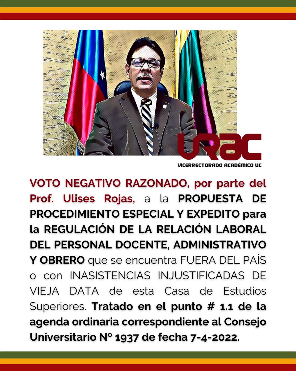 viceacademicouc's tweet photo. VOTO NEGATIVO RAZONADO del Prof Ulises Rojas ante PROPUESTA DE PROCEDIMIENTO para la REGULACIÓN LABORAL DEL PERSONAL de la @UCarabobo tratado en el punto 1.1 del Consejo Universitario Nº 1937 de fecha 7-4-2022

Disponible en: https://t.co/7GycsUWNSC

(abrir hilo) https://t.co/xh7tRCTsMm