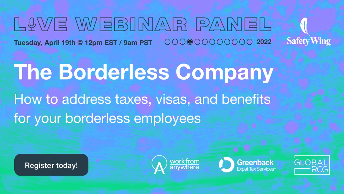 Looking to become a borderless company? Join us on April 19th as we chat with <a href="/caceres_rogelio/">Rogelio Caceres</a>, <a href="/john_w_lee/">John Lee</a>, and Allen Pfeister about building a better borderless infrastructure! We'll address taxes, visas, and benefits for your borderless employees.

explore.safetywing.com/the-borderless…
