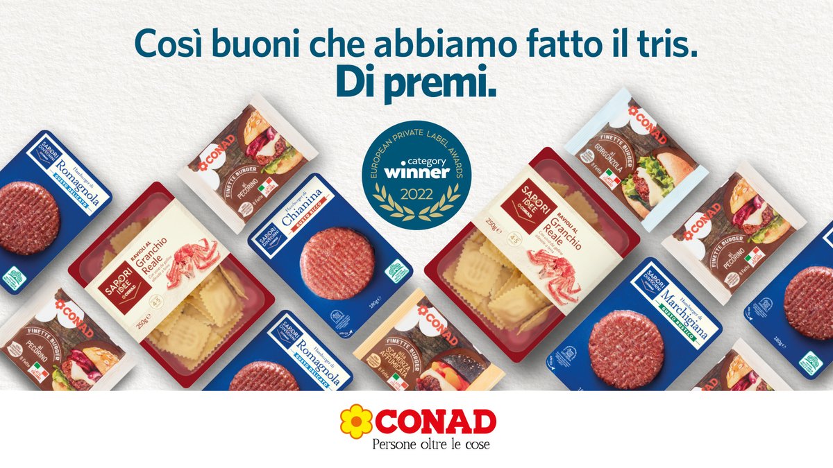 Eccellenza e qualità #Conad trionfano di nuovo al European Private Label Awards con i Ravioli al Granchio Reale Sapori&amp;Idee Conad, la gamma di Finette Burger Conad e il pregiato Hamburger di Bovino Sapori&amp;Dintorni Conad. 
#MarcaByBF22 <a href="/MarcaByBF/">Marca by BolognaFiere & ADM</a> #MDD 
chisiamo.conad.it/news-e-approfo…