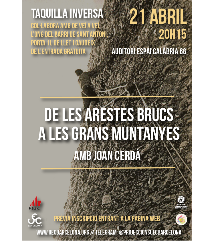 🎥🎞 "De les Arestes Brucs a les grans muntanyes" amb Joan Cerdà 🏔❄️🙌🏼

Propera projecció el 21 d'abril a les 20h15 a 
<a href="/calabria_66/">Federació d'Entitats Calàbria 66</a>

Entrada gratuïta amb prèvia inscripció‼️
➡️ eventbrite.es/e/entradas-con…